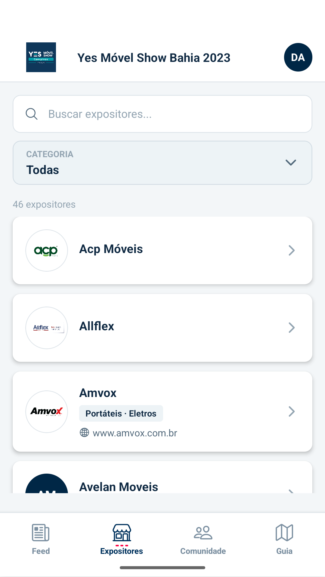 Lista de expositores do evento
