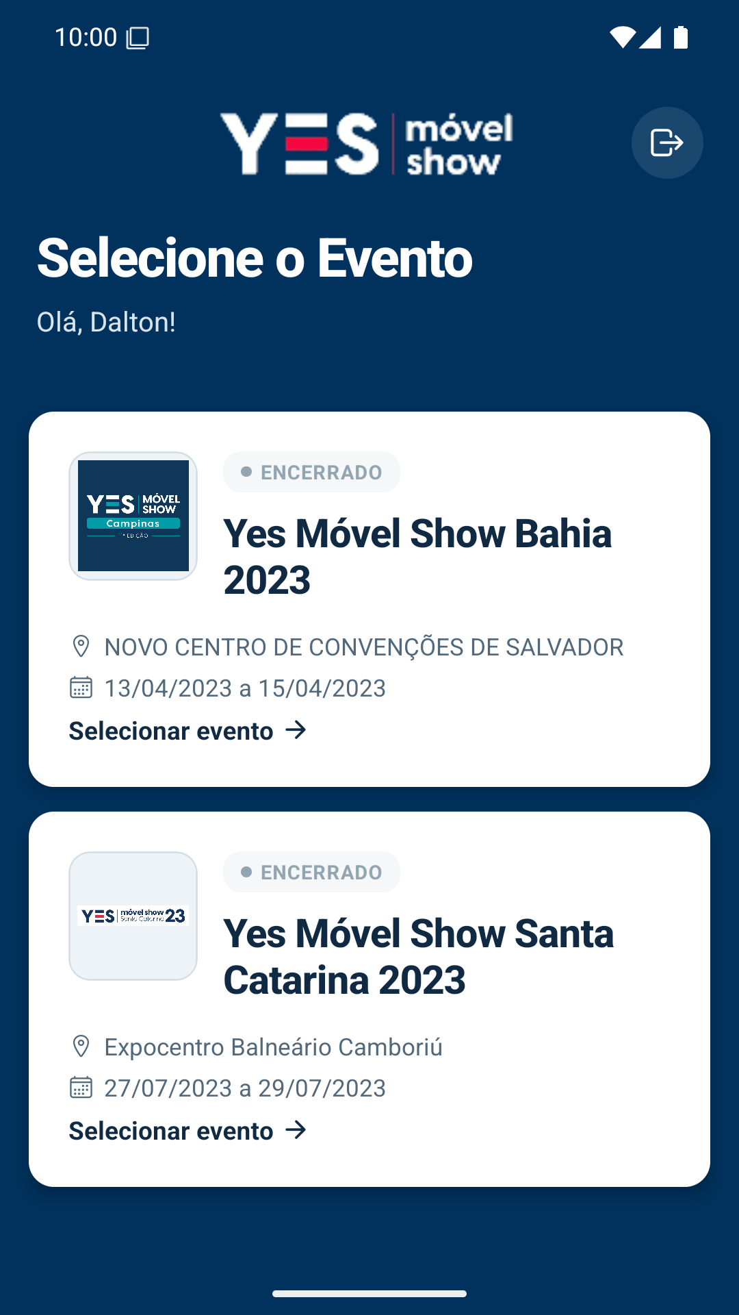Tela de seleção de evento no aplicativo